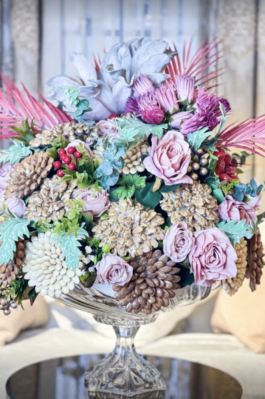 Crystal urn with pastel dried flowers
