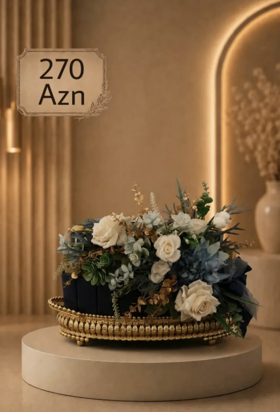 Engagement xonça tray with white and blue dried flowers on a gold tray