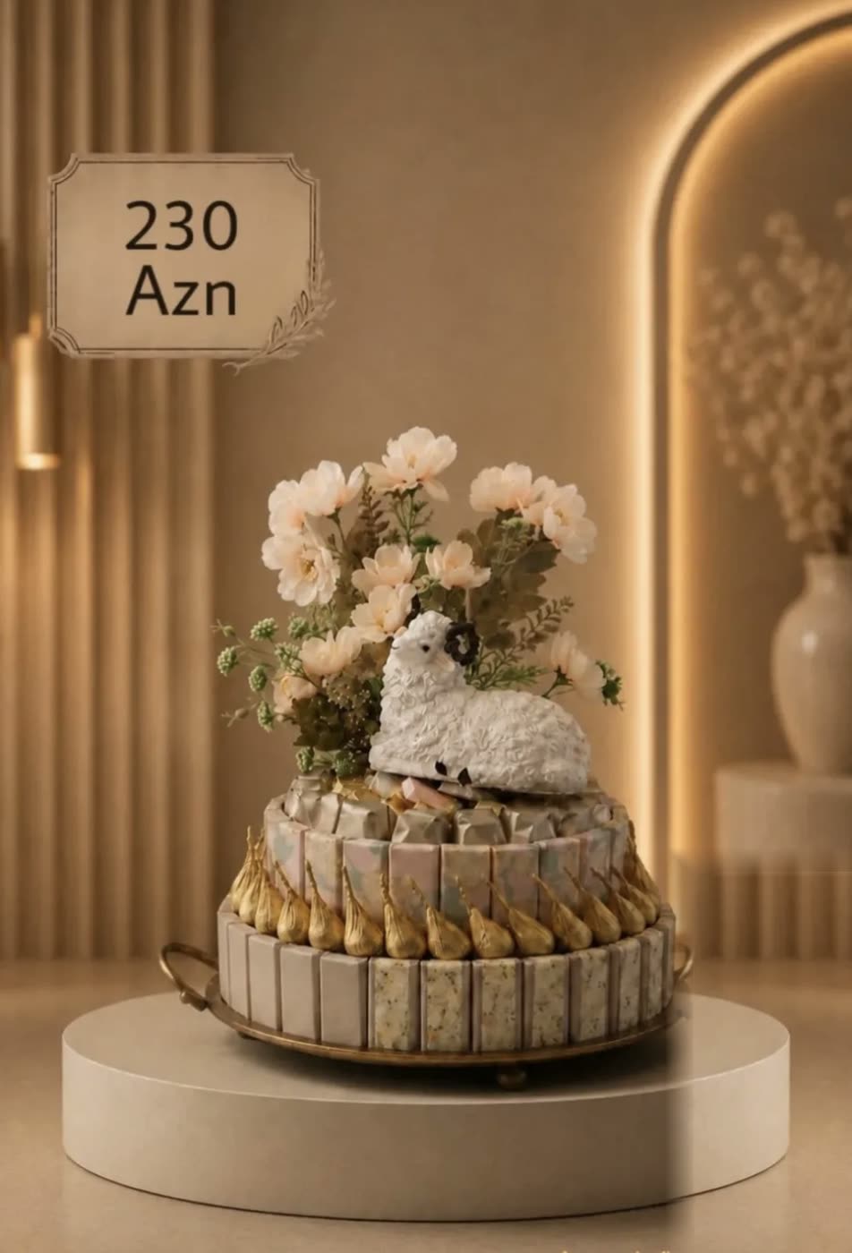 Tiered tray of wrapped chocolates with a porcelain lamb and blush roses