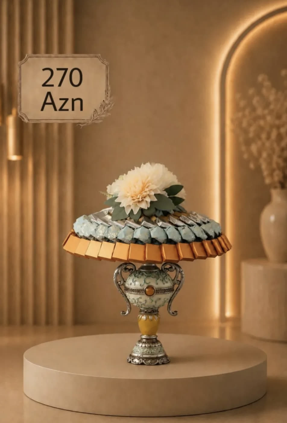 Tower of wrapped sweets crowned with a peach dahlia