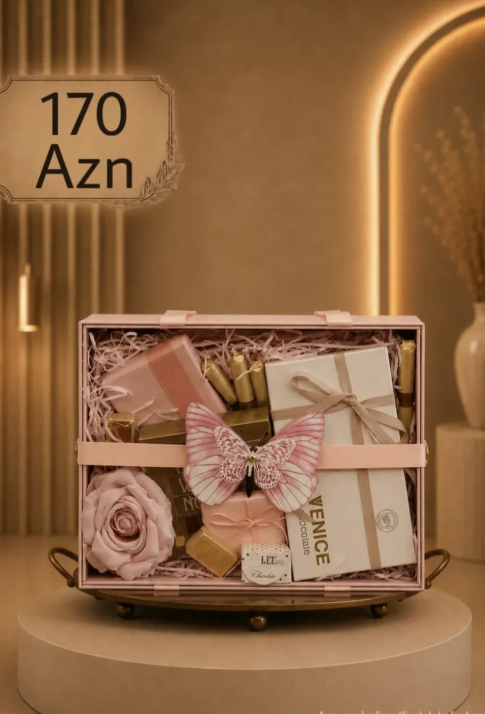 Larger pink keepsake box with roses, chocolates and a Venice gift