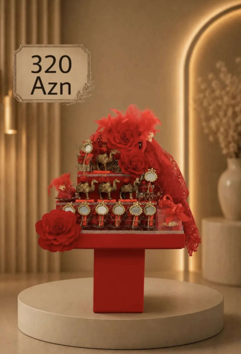 Red tiered tower of chocolates with red fabric roses