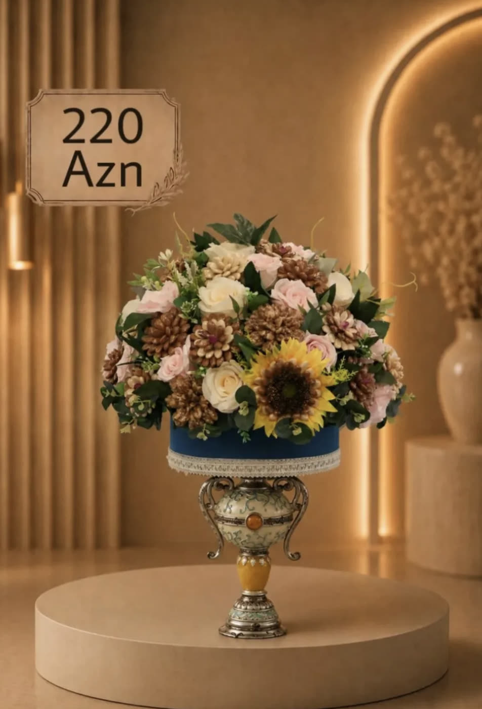 Urn of dried flowers with a sunflower on a silver stand